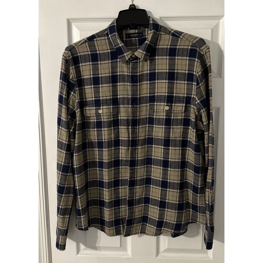 California Shirt Company Mens Casual Collar Button Plaid Blue Tan, And Orange Xl